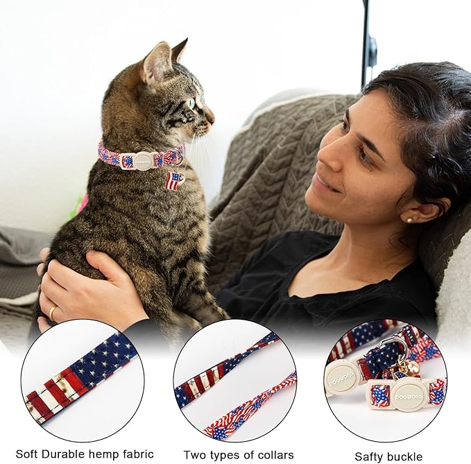 2 Pack American Flag Cat Collars Breakaway with Bell, DOGWONG Safety Buckle 4th of July Patriotic Cute Cat Collar for Girl Boy Cats，Adjustable 7-12 Inch