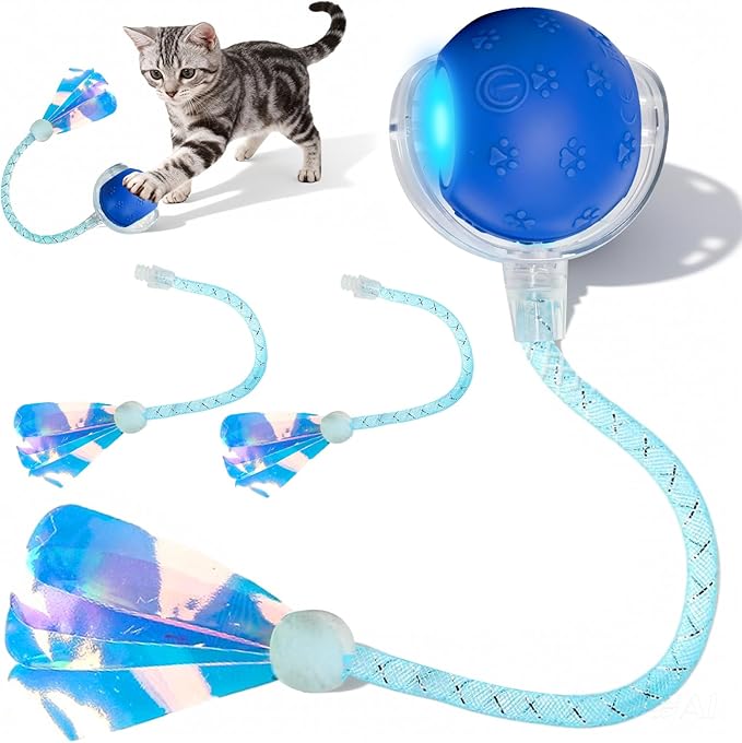 Cat Toys, Cat Toys for Indoor Cats, Cat Toys Interactive, 360° Rotating Automatic Interactive Cat Ball with Smart Activation, LED Light, Type-C Rechargeable, 3 Replaceable Dragonfly Tails, Bored(Blue)