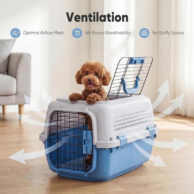 DUMOS 23" Hard-Sided Pet Carrier for Small Dogs & Cats, Airline Approved Travel Crate with Enhanced Security Latches, Front & Top Load Wire Door, Food Bowl for Traveling, Hiking, Camping, Blue