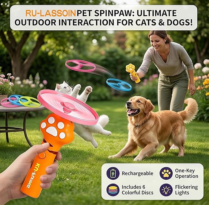 Cat Fetch Toy | One-Touch Automatic Launcher | Up to 20m Range | 6 Flying Discs | USB-C Rechargeable | No Winding Needed | Interactive Indoor Outdoor Cat Toy