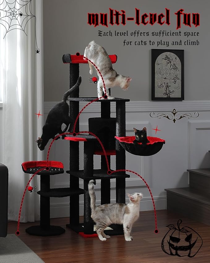 MUTTROS 59" Gothic Cat Tree with Coffin Bed-Black Cat Tower for Indoor Cats with Spacious Cat Condo & Cozy Hammock, Spider Hanging Balls, Sisal Scratching Post and 2 Spooky Perches for Halloween