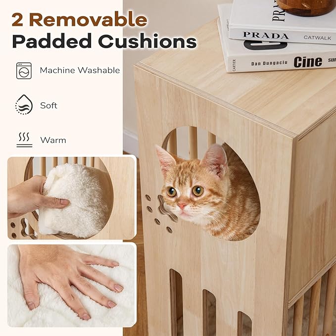 PETSITE 2-Storey Wood Cat House for Indoor Cats, Natural Wooden Double Decker Cat Condo with Removable and Washable Soft Cushions, Air Vents, and Side Entries, Modern Pet Furniture Side Table