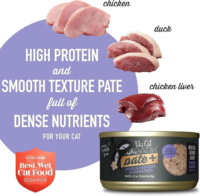 Tiki Cat After Dark Pate+ Wet Cat Food, Chicken & Duck, 2.8 oz. Cans (Pack of 12)