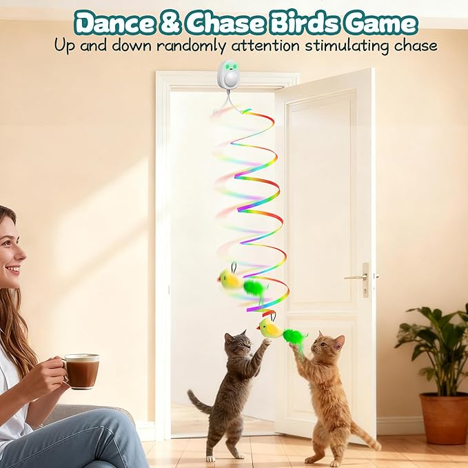Interactive Cat Toys for Indoor Cats,Electric Flying Bird & Mouse Wand Teaser, Automatic Hanging Door Frame Chase/Hunt/Exercise Stimulate String Cat Toy for Bored Indoor Adult & Kitten