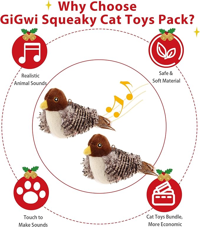 Gigwi Interactive Cat Toys Squeaky 2 Pack, Stimulated Chirping Bird Toys Making Noise, Automatic Chirp Bird Cat Toy with Feather Tail, Melody Chaser Play and Squeak Kitten Toy for Puppy Boredom