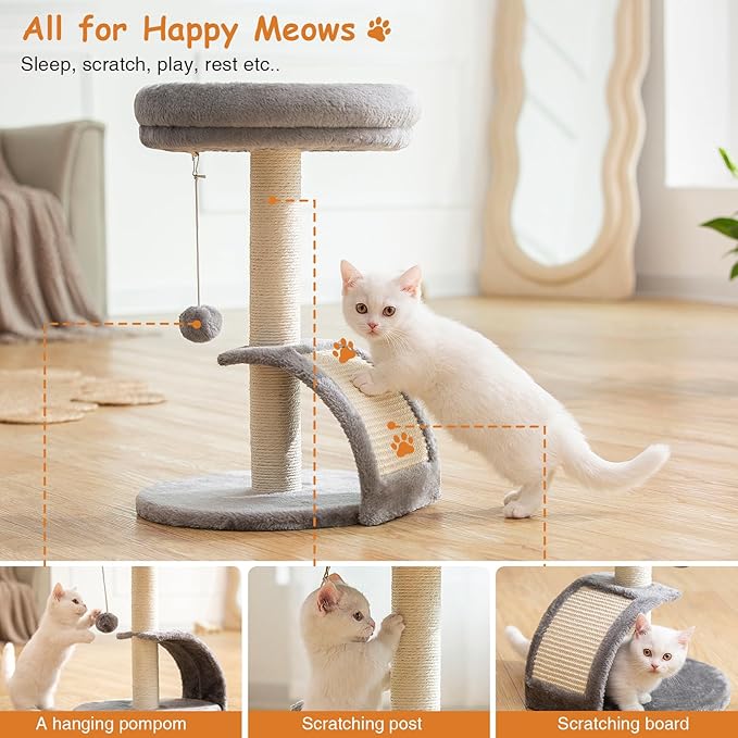 Goozii Small Cat Tree Tower with Scratching Post, Modern Kitten Tower for Indoor Cats, Short Carpet Sisal Cat Scratcher Stand with Large Bed Perch, Scratch Ramp, Toy Ball for Kitty Play (Grey)
