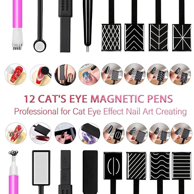 WOKOTO 14 Pcs Cat Eye Magnet For Nails With 3pcs Y-Shape Iron Stencil Set, Cat Eye Gel Nail Polish Magnet Tools Powerful Wand Magnet, Magnetic Nail Polish Square Round Heart Magnet Stick For Nails