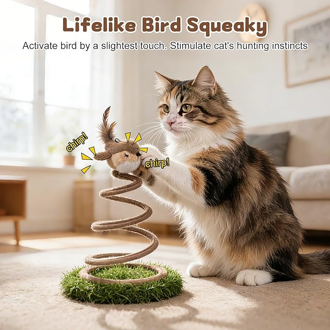 Interactive Cat Toy for Indoor Cats, Chirping Bird Cat Toy with Green Turf Base, Flying Bird Cat Toy with Real Bird Sound and Feather Tail, Cats Exercise & Kicker to Self Play