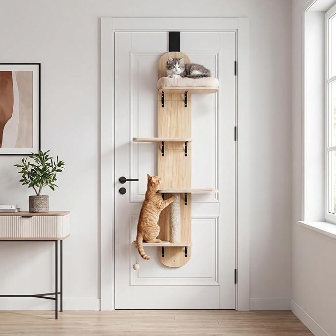 PETSITE Door Mounted Cat Tree, 58.5-61.5 Inches Height Adjustable Hanging Cat Climber with Scratching Post, Detachable Scratching Mats, and Comfy Plush Cat Bed (Natural)