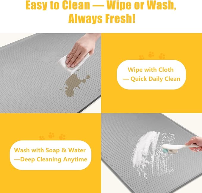 Lorvain 45" x 30" Cat Food Mat, Extra Large Silicone Pet Feeding Mat with Raised Edges, Pet Placemat for Cat Dog Food and Water Bowl Waterproof, Non-Slip, Easy to Clean, Floor Protection, Grey