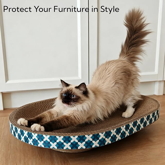 Cat Scratcher Bed with Toys, 4 Pack Oval Cat Scratcher Cardboard, Indoor Cat Scratch Bowl, Large Pad Cat Scratching Board with Catnip Fish Toy & Feather Wand for Furniture Protector L(17.5"x12.6"x3")