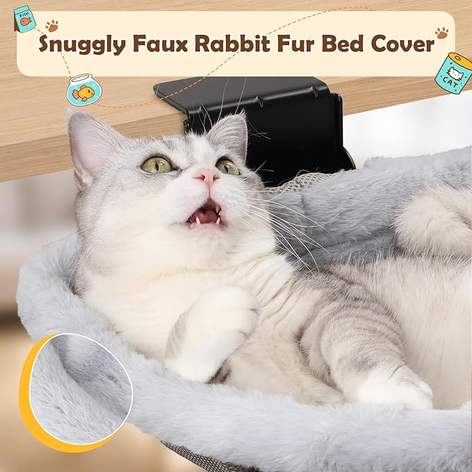 Stable Cat Desk Bed with Heavy-Duty Clamp | Sunken Hammock Design & Faux Rabbit Fur for Comfort, Removable & Washable Bed, Holds Up to 40lbs, Space Saving Cat Perch for Home Office