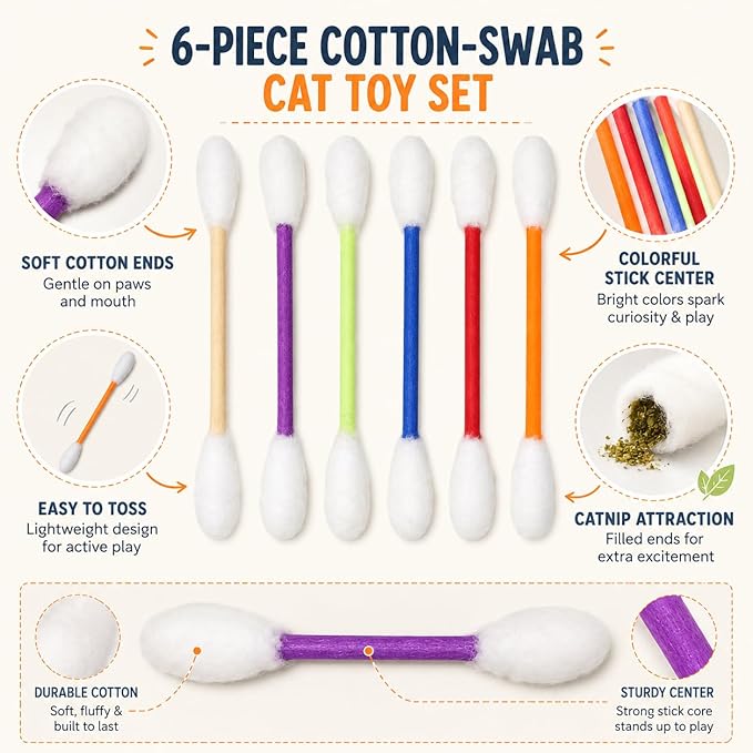 Cotton Swab Cat Toys with Catnip, 6 Pack Catnip Toys for Indoor Cats, Giant Kitty Kicker Plush Chew Sticks, Durable Felt Interactive Cat Toys for Kittens and Adult Cats (Colorful)