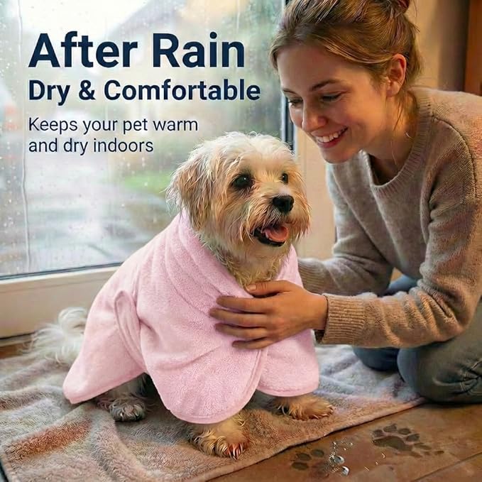 Dog Bathrobe Super Absorbent Towel for Small Dogs Cats Fast Drying Dog Robe Coat with Hood Puppy Cat Bath Towel Wrap Pet Grooming Supplies After Shower (Light Pink,S)