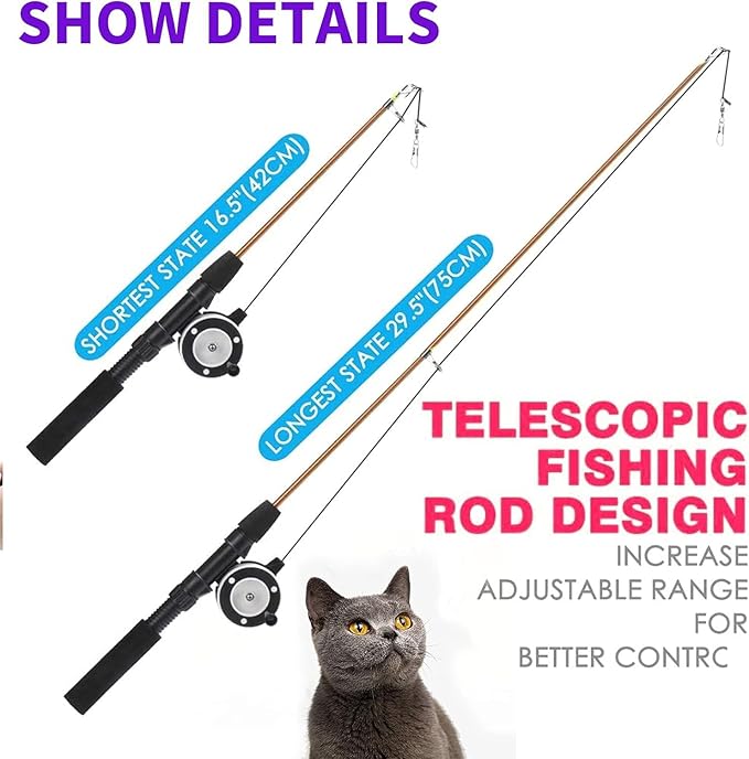Retractable Cat Teaser Wand Toy, Cat Toys for Indoor Outdoor Cats Interactive Fishing Rod with 6 Pcs Refills Feather Toy, Caterpillar Butterfly & Fish