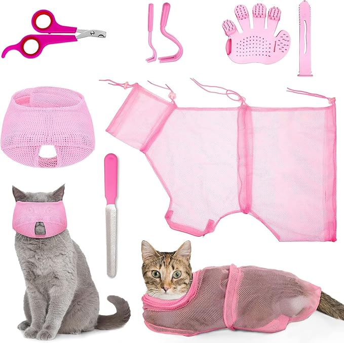 6 Pcs Cat Bathing Grooming Set - Adjustable Mesh Bathing Bag, Nail Clipper, Mesh Muzzle, Massage Brush, Tick Remover Tool & Nail File (Pink)