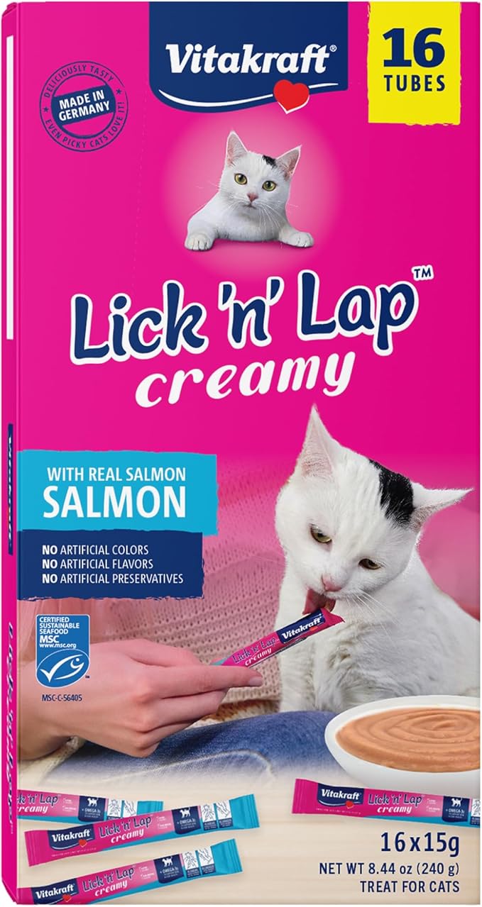 Vitakraft Lick 'N' Lap Real Salmon Squeezeable Liquid Cat Treats, Lickable, Salmon Broth #1 Ingredient, No Artificial Colors, Preservatives or Added Sugar, for Hydration, 0.52 oz. Tubes, 16 Count