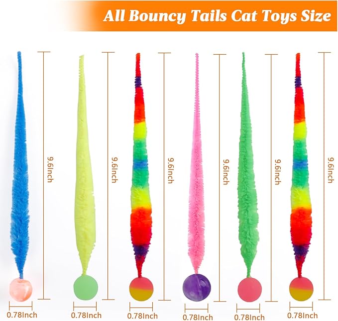 Bouncy Ball With Tail Cat Toy, 6 Packs Rainbow Magic Worm With Ball for Cats, Colorful Fuzzy Worm Bouncy Balls (Rainbow Large)
