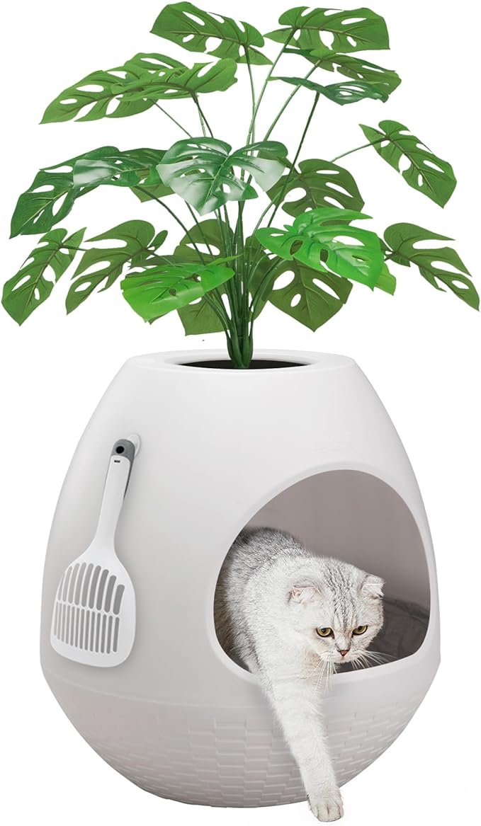 Eggloa6 Plant Litter Box, Hidden Cat Litter Box with Artificial Plants, DIY Litter Box Furniture (Light White)