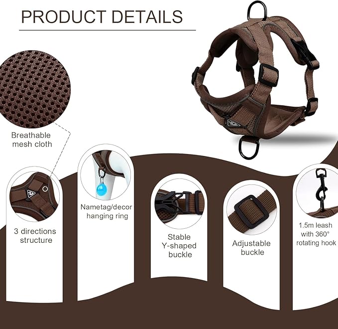 Large Cat Harness and Leash Set for Cat Small Dog Puppy, Escape Proof Adjustable Vest with Lead for Outdoor Walking, Soft Breathable Mesh Jacket with Reflective Strips for Dark Night, L Brown