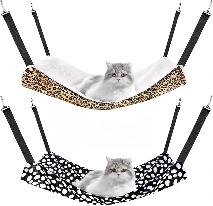 Jetec 2 Pack Cat Hammock for Cage, Catio Accessories Reversible Soft Cats Bed with Adjustable Straps and Hooks Double-Sided Linen and Fleece Hanging Hammock for Cats, Kitten(Leopard and Dot,M)