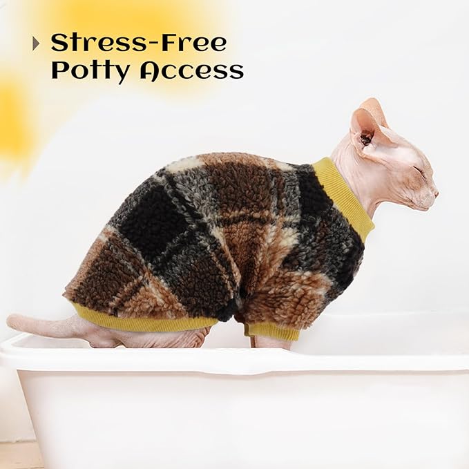 Sphynx Cat Sweater, Soft Fleece Pullover with Sleeves, Warm & Elastic Pet Clothes for Hairless Cats and Small Kittens, Cozy Winter Outfit Yellow M