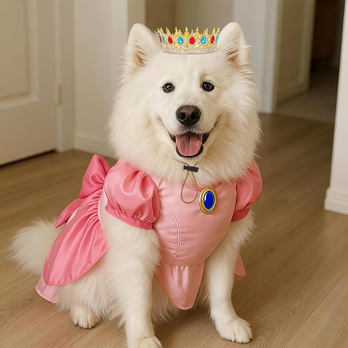 Abbylike Pet Princess Crown for Dog Cat Pink Halloween Costume with Adjustable Strap Gold Glitter Rhinestone King Crown Hat for Pet Birthday Party Adoption Celebration Photos Prop Cosplay Accessory(L)