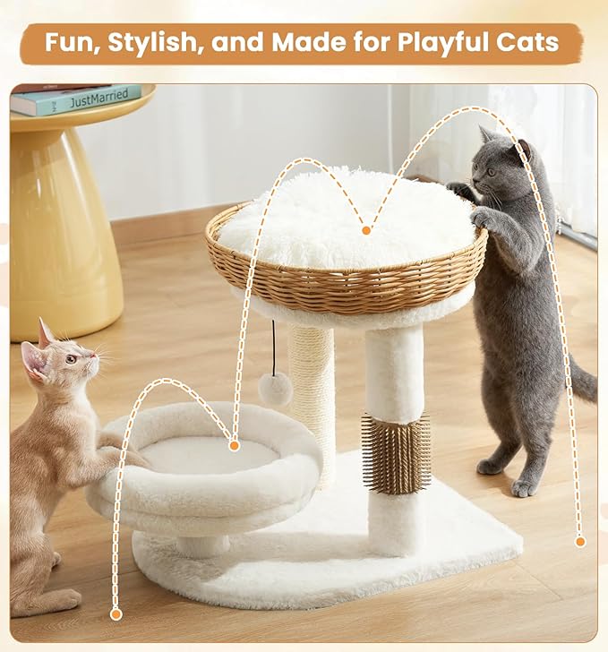 Made4Pets PE Rattan Cat Tree Tower with Scratching Post, 18 inch Small Cat Tree for Kittens, Handwoven Wicker Basket Bed with Soft Cushion, Cozy Cat Bed, Self Groomer and Hanging Plush Ball Toy
