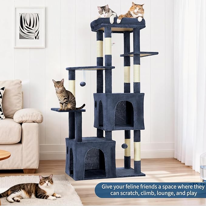 61.4 Inch Cat Tree, Large Cat Tower with Sisal Scratching Posts, 2 Spacious Cat Beds, Hanging Ball & Top Perch, Ideal for Large Indoor Adult Cats, Blue