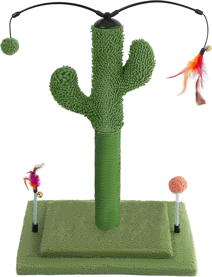 YUNIQUE Cactus Cat Scratching Post with Sisal Rope, Small Cat Tree with Dangling Balls & Feather for Kittens (Green,20.9'')