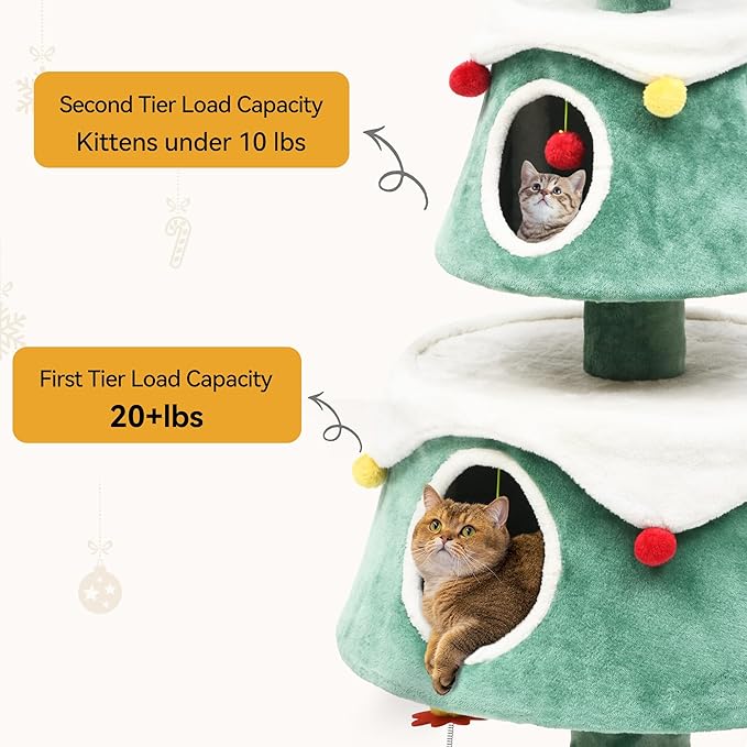 DWVO Christmas Cat Houses for Indoor Cats, Christmas Cat Tree Tower with 2 Cozy Houses, Kitty Furniture with Teaser Plaything for Christmas Decoration