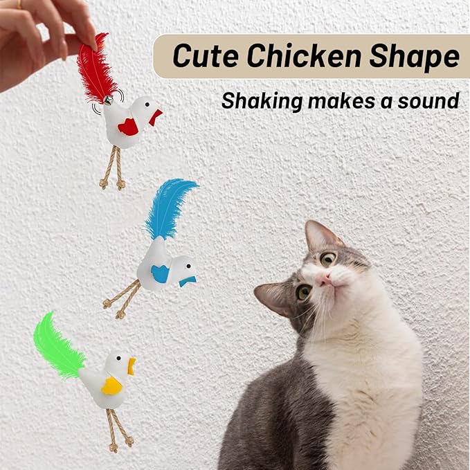 Andiker 3 PCs Catnip Toys with Bell and Feather, Canvas Cat Kicker Toy Chicken Shape Interactive Cat Toys for Indoor Cats to Relieve Boredom and Increase Exercise