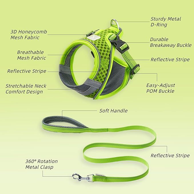 Cat Harness and Leash Set for Comfortable Outdoor Walking, Escape Proof, Adjustable Soft Kitten Vest Harness with Reflective Strip for Cats, Small Dogs (Green, S)