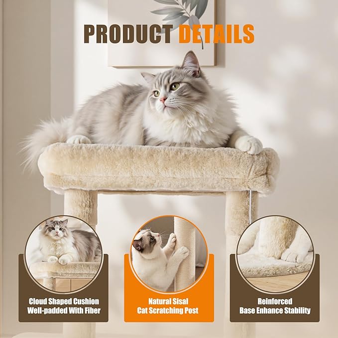 DUMOS Large 63in Cat Tree Tower, Multi Level Cat Climbing Tower with Condo, Natural Sisal Scratching Posts, Extended Platform, Hammock, Pet House for Indoor Cats and Kittens Play, Beige