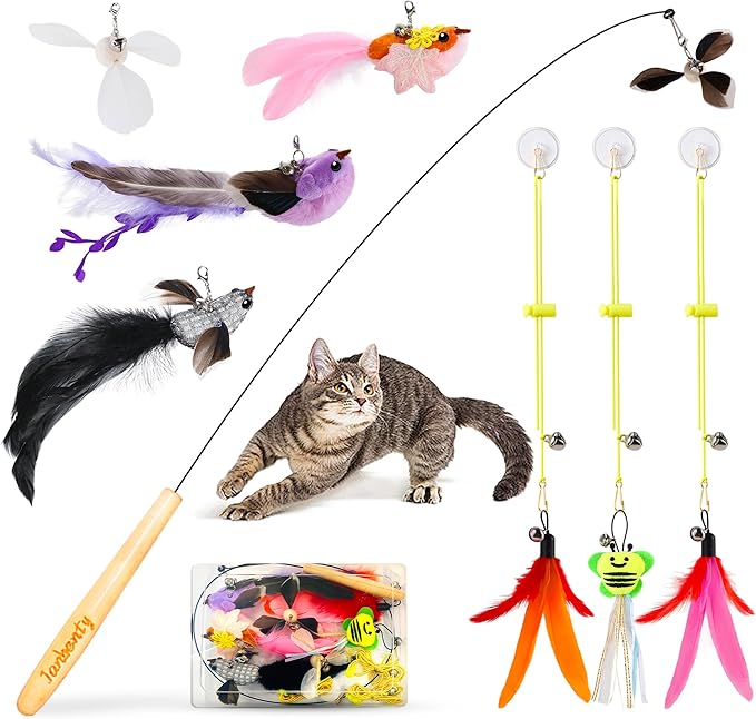 Flying Bird Cat Toy,8Pcs Durable Interactive Cats Wand Replacements,Hanging Cat Toy Suitable for Bored Indoor Cats Self Play