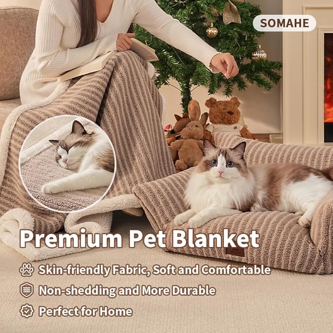 SOMAHE Cat Blankets for Indoor Cats, Faux Fur Pet Blankets for Cats, Washable Kitten Blankets, Soft Plush Reversible Throw Furniture Protector 21"X 18" Blue