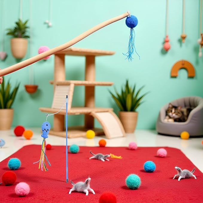 Blue Cat Wand Kitten Teaser Stick Portable Cat Teaser Fish Design Safe Colorful Balls Cats