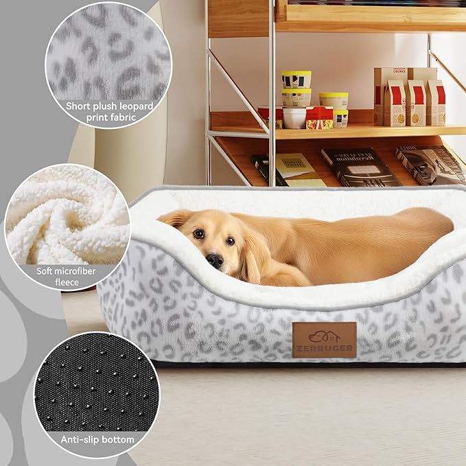 Zerbuger Rectangle Cat Dog Bed for Large Medium Small Pets Indoor Outdoor Machine Washable Sleeping Sofa Non-Slip Bottom Soft Puppy Bed Durable Orthopedic Calming Pet Cuddler (Medium, White Leopard)
