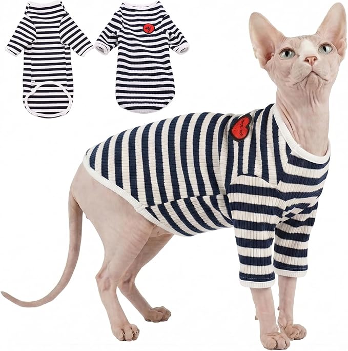 DENTRUN Hairless Cats Shirt Breathable Cat Daily Wear Clothes Stripe Vest Adorable Pajamas Jumpsuit Soft & Skin-Friendly