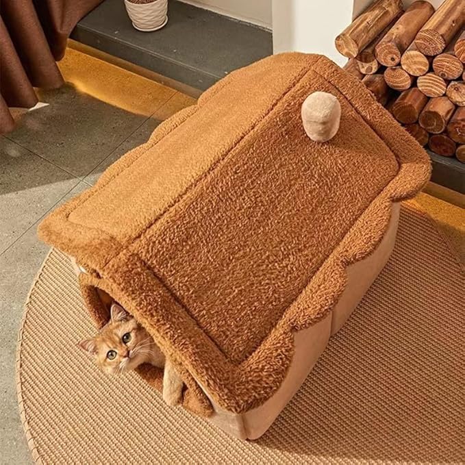 Cat Beds for Indoor Cats, Cute Bear Shape Cat Bed Cave, Pet House Cats Tent with Removable Cushion Pillow for Kittens Puppy Small Dogs (Brown, S-15.7x12.6x13.7in)