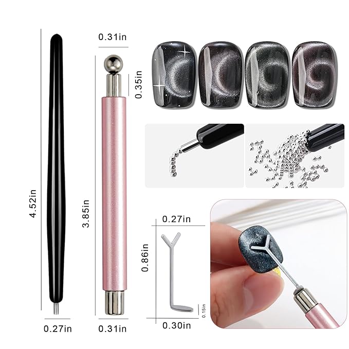 2 Pcs Cat Eye Magnets For Nails, Pink Double-Side Cylinder Nail Magnet With Big Bead Magnet And Black Point Magnet Pen For Cat Eye Gel Polish, Multi-Functional Cateye Magnets For Nails