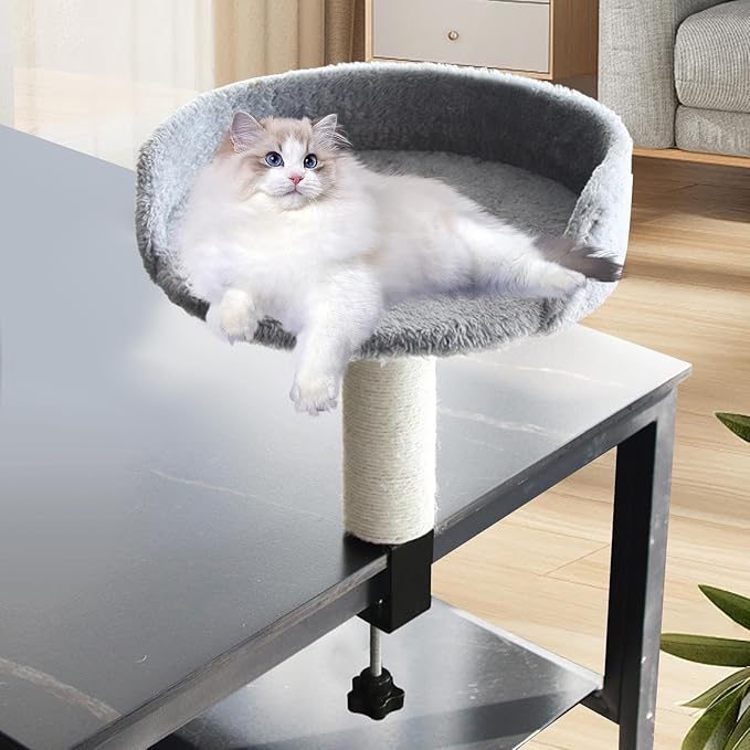 Desktop Cat Bed Round Hammock Elevated Perch for Indoor Cats Soft Stable Easy Assembly Kitten Furniture- Gray