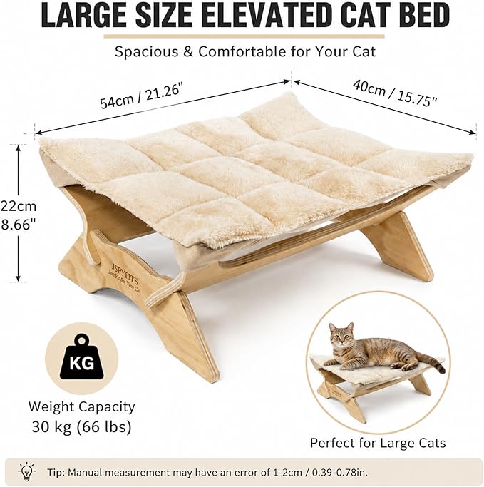 JSPYFITS Elevated Cat Bed Hammock, Raised Orthopedic Dog Bed with Dual-Sided Plush & Linen Cushion, Modern Cat Furniture for Medium to Large Cats, Easy Assembly(Beige)
