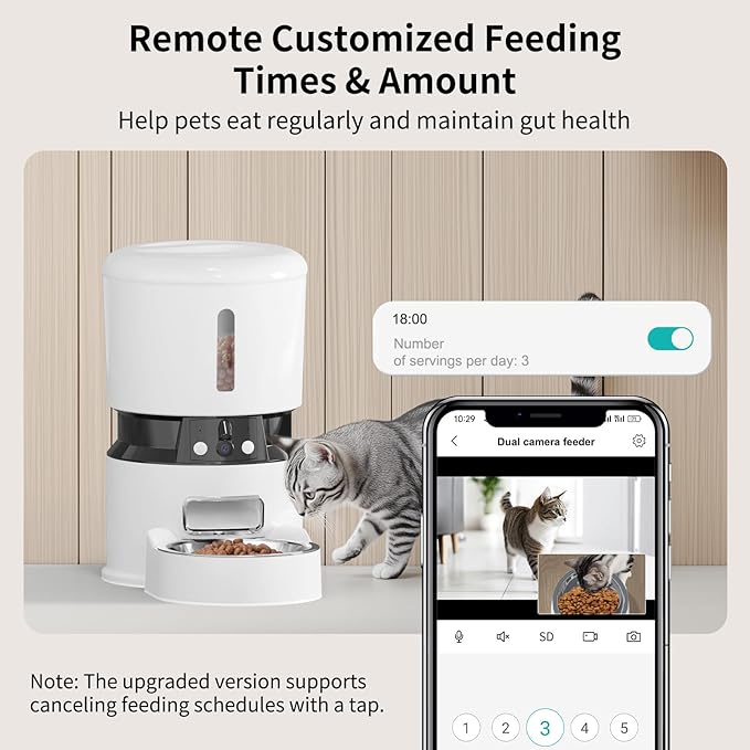 MIETUBL Automatic Cat Feeder with 2 Cameras 1080P HD with Night Vision Pet Food Dispenser Two-Way Voice and Audio Dog Smart WiFi Dog & Cat Feeder Programmable Schedule Slow Bowl White