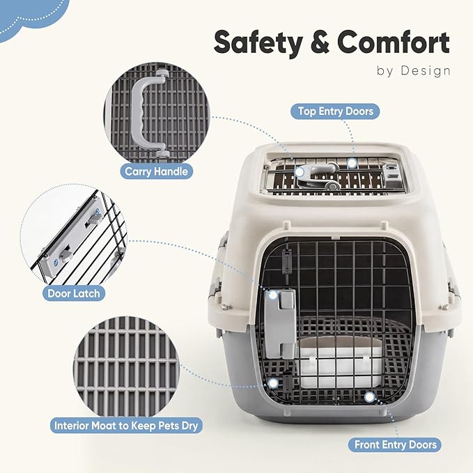 DUMOS 23" Hard-Sided Pet Carrier for Small Dogs & Cats, Airline Approved Travel Crate with Enhanced Security Latches, Front & Top Load Wire Door, Food Bowl for Traveling, Hiking, Camping (Beige&Grey)