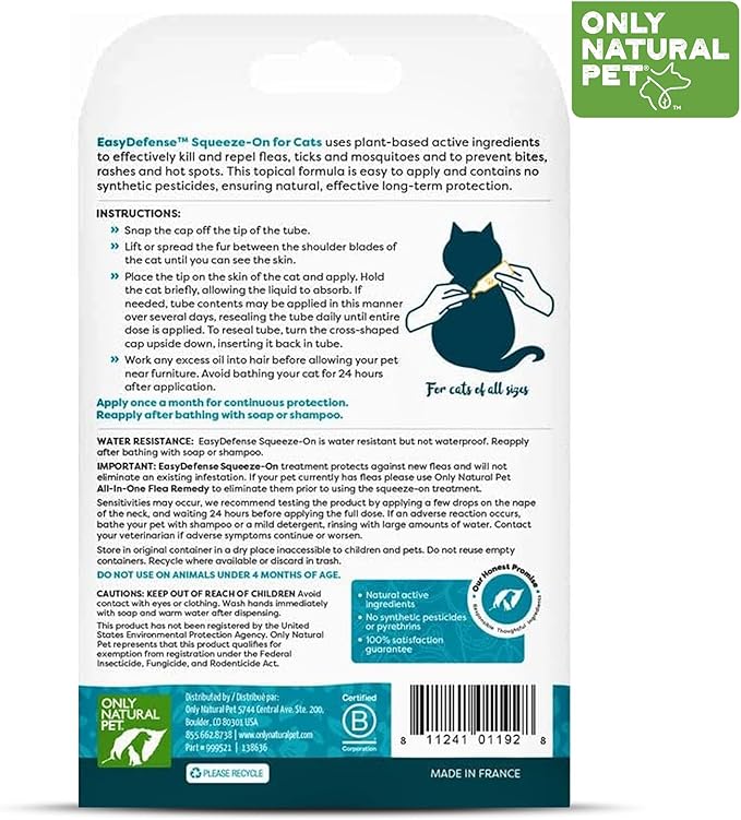Only Natural Pet Flea and Tick Prevention for Cats - EasyDefense Flea Remedy - Natural Flea Treatment Control Squeeze-On Drops - Tick and Flea Protection - Three Months Supply (Single)