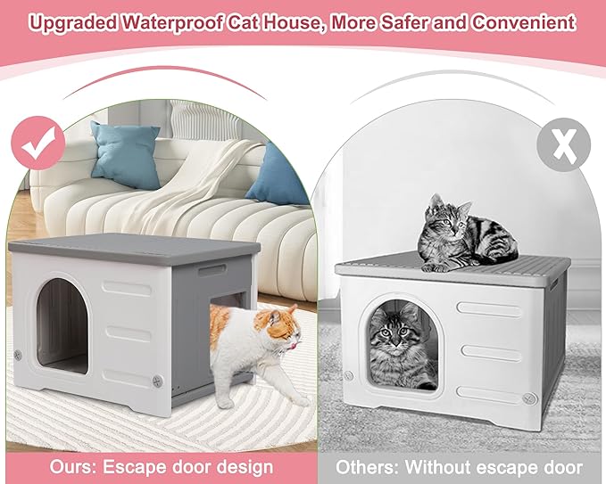 Plastic Cat House for Outdoor Indoor, Waterproof Outdoor Cat House with Escape Door for Feral Cats Outside Cat Shelter for Small Pet, Spacious, Assemble Easily -Grey Basic Style