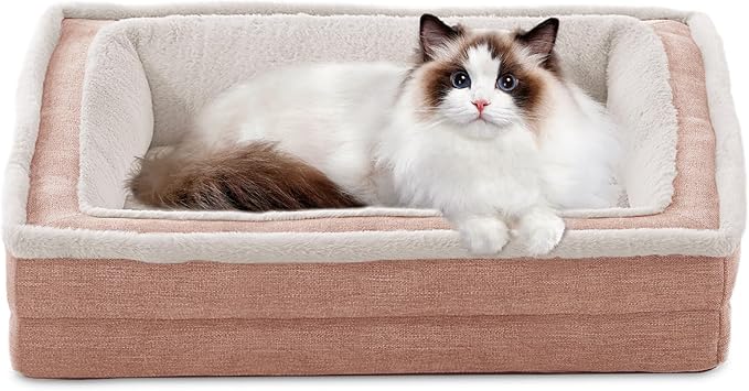 Laojin Balhen Cat Couch for Pets, Washable Cat Beds for Indoor Cats, Super Soft Plush Supportive Dog Couch Bed for Puppy and Kitten with Anti-Slip Bottom, 24inch, Pink