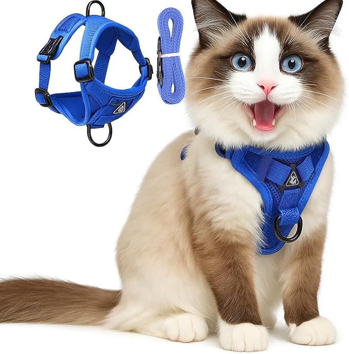 Cat Chest Harness and Leash Set for Walking Escape Proof, Soft Adjustable Vest Harnesses for Cats, Kitten Jacket with Reflective Strip, Easy to Put on with 3 Buckles for Traveling (Blue, M)