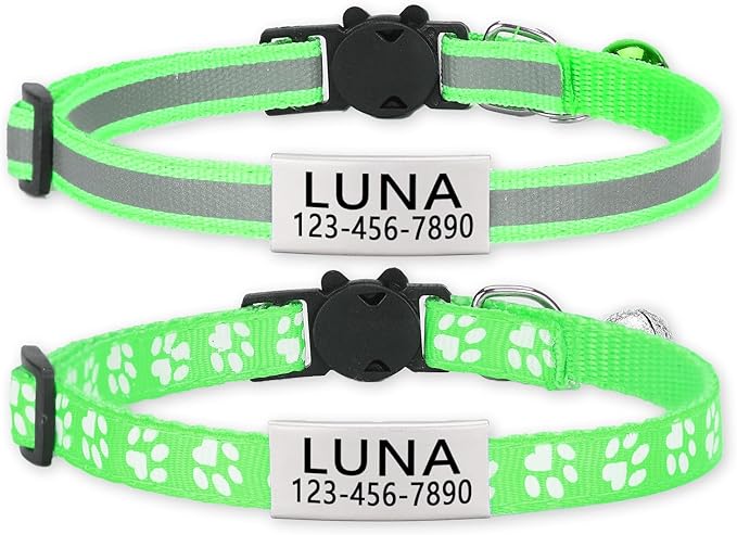 Personalized Cat Collar - 2 Pack Breakaway Reflective Adjustable Collars with Bell & Name Tag for Boy & Girl Kittens,Customized Engraved Nameplate Pet Tag for Cat Collar(Grass Green)